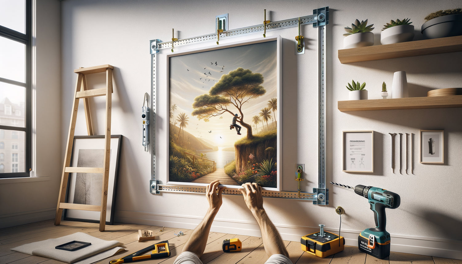 Installation professionnelle d'un tableau lourd sur mur en placo avec cheville métallique adaptée, étagères adjacentes visibles