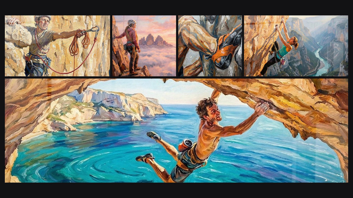 Mosaic of five paintings, including Climber in Action, Climber at the Summit and Abstract Movement