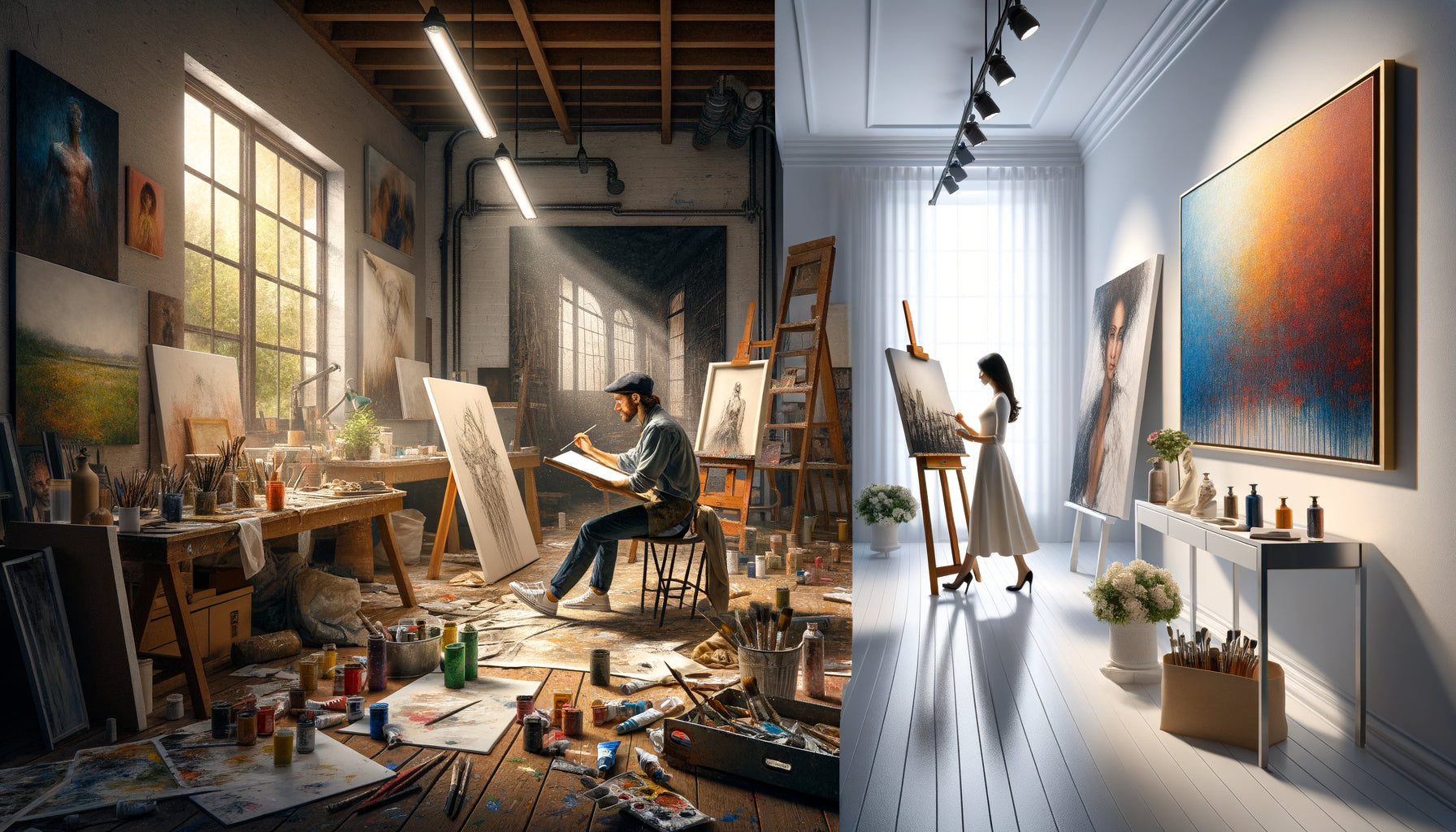 Composition divisée montrant un atelier d'artiste authentique face à une galerie d'art professionnelle, illustrant les deux options d'achat d'œuvres
