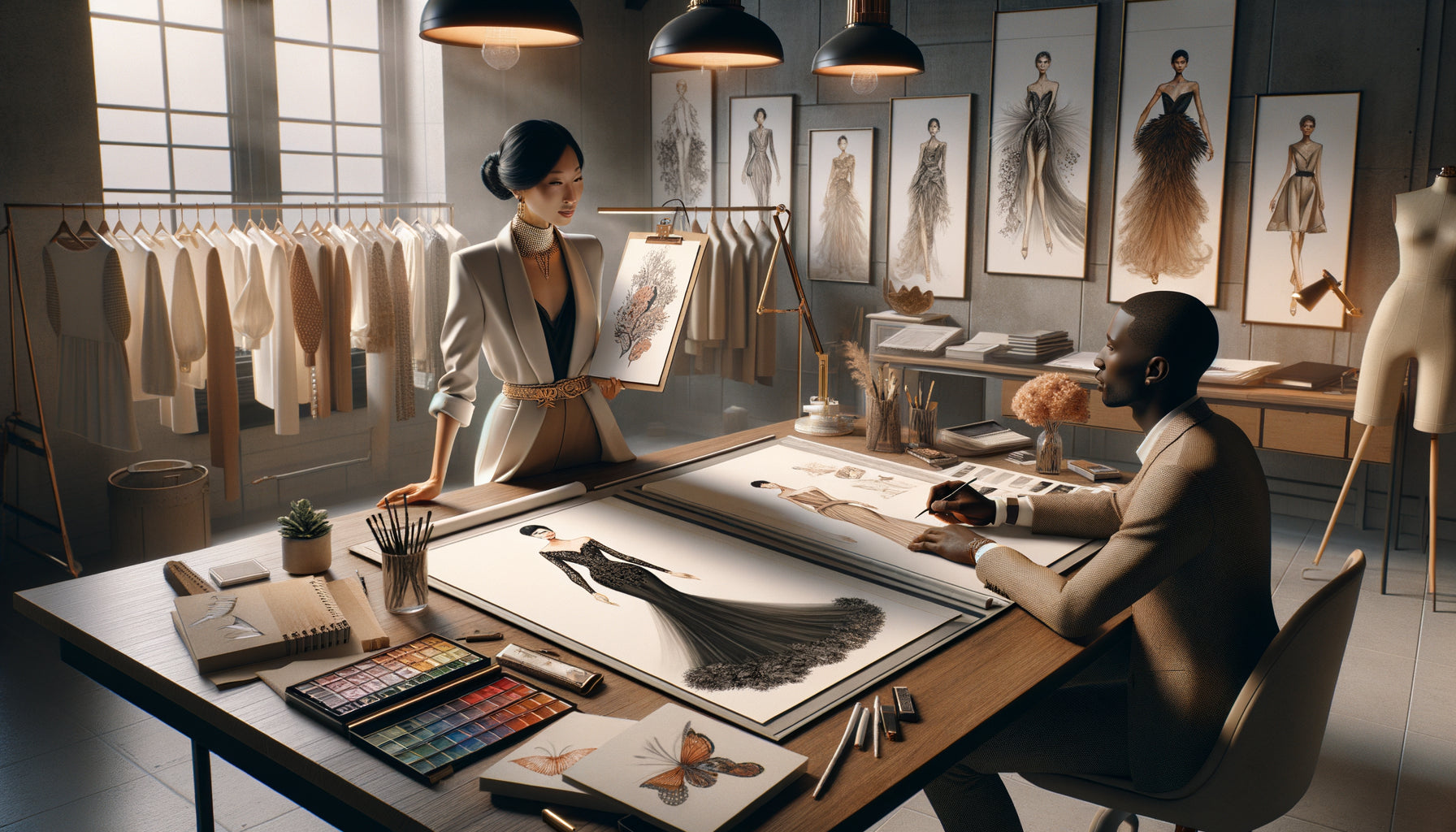 Illustrateur de mode présentant ses créations originales à un client dans son atelier, consultation personnalisée et œuvres en cours