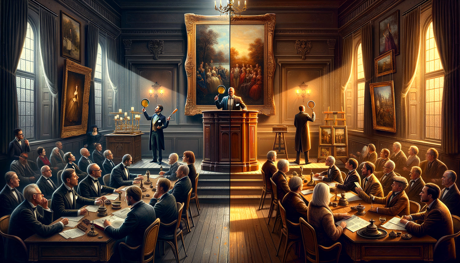 Comparaison visuelle entre vente aux enchères et antiquaire pour l'acquisition de tableaux historiques anciens
