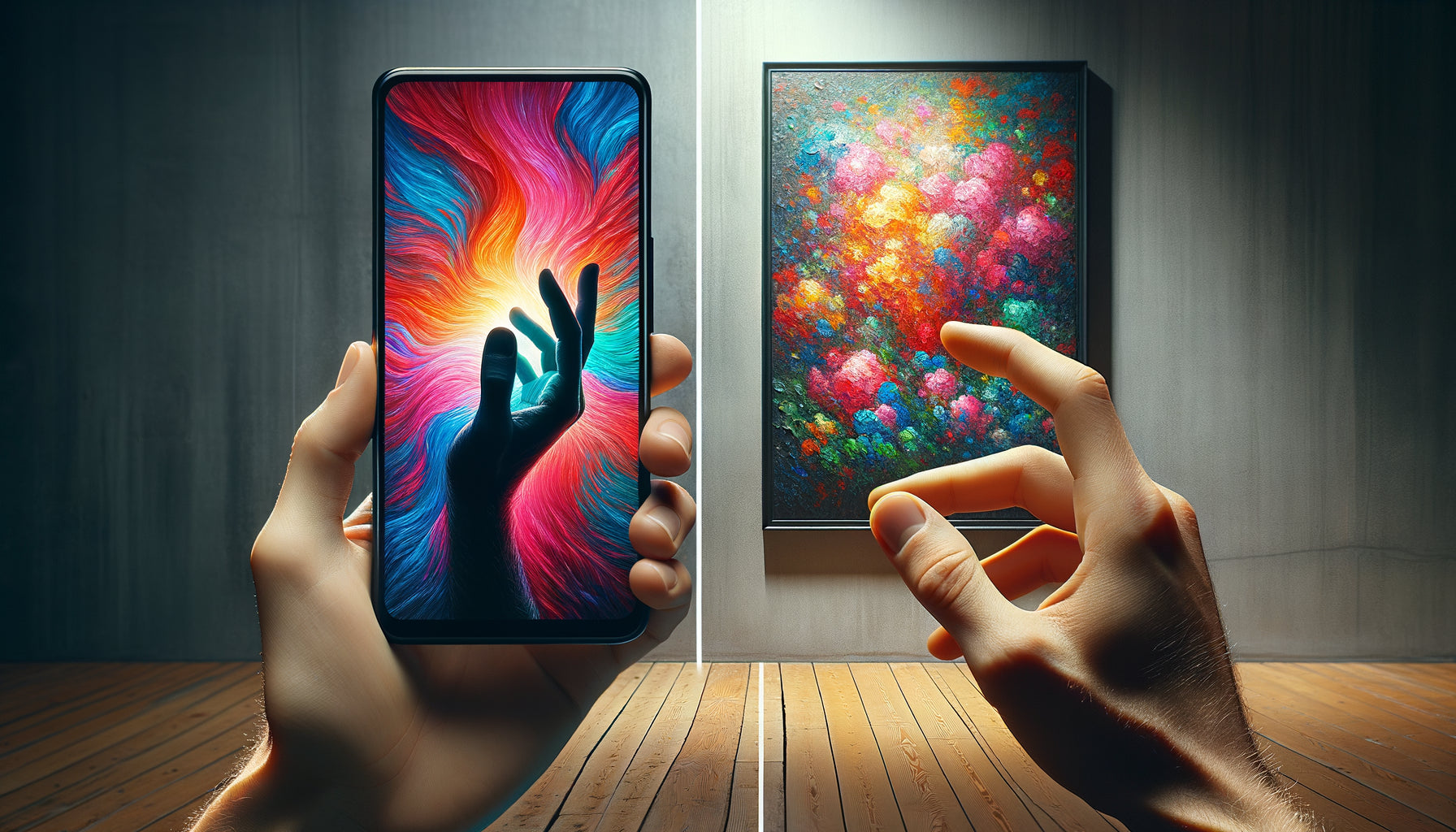 Comparaison visuelle entre tableau vu sur smartphone et œuvre réelle touchée en galerie, contraste écran-réalité