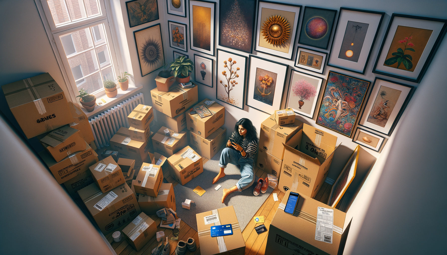 Femme entourée d'œuvres d'art dépareillées lors d'un emménagement, illustrant les achats impulsifs post-déménagement