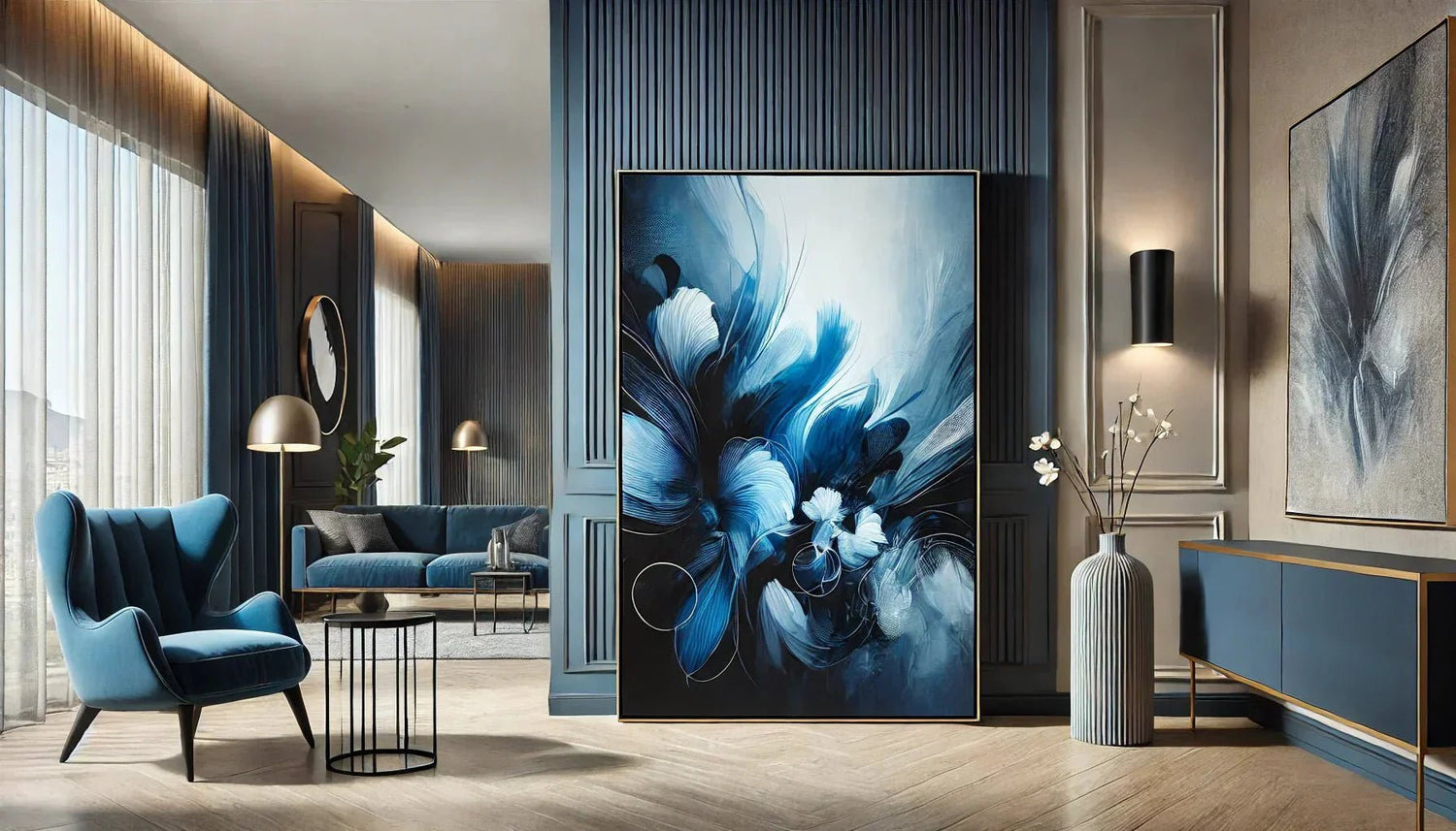 Tableau abstrait bleu encadré sur un mur moderne avec un cadre décoration abstrait bleu, mettant en valeur l’harmonie des couleurs et les nuances de bleu pour une ambiance apaisante et élégante.