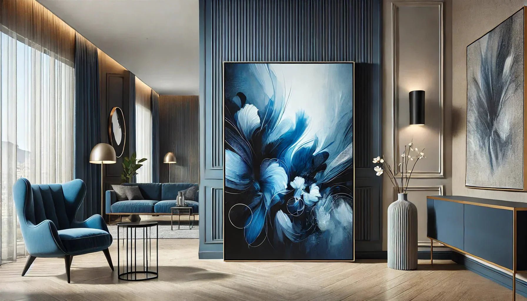 Tableau abstrait bleu encadré sur un mur moderne avec un cadre décoration abstrait bleu, mettant en valeur l’harmonie des couleurs et les nuances de bleu pour une ambiance apaisante et élégante.