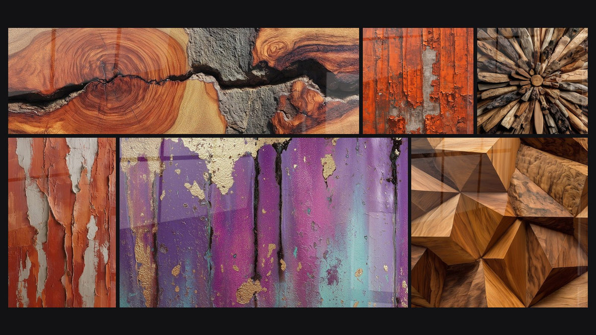 Mosaik aus sechs Gemälden, darunter Abgelöste Farbe Ziegelrot und Beige