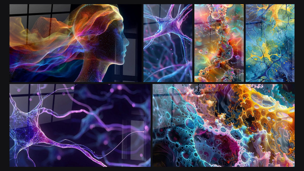 Mosaico de seis cuadros, entre ellos Perfil femenino digital, Neuronal luminiscente y Espiral neuronal iridiscente