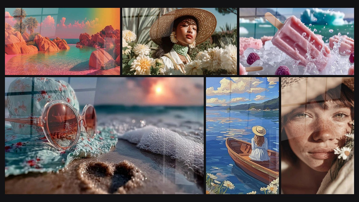 Mosaico di sei quadri, tra cui Paesaggio Oasis Solare, Donna Fiori Bianchi e Di ghiaccio piacere ghiacciato
