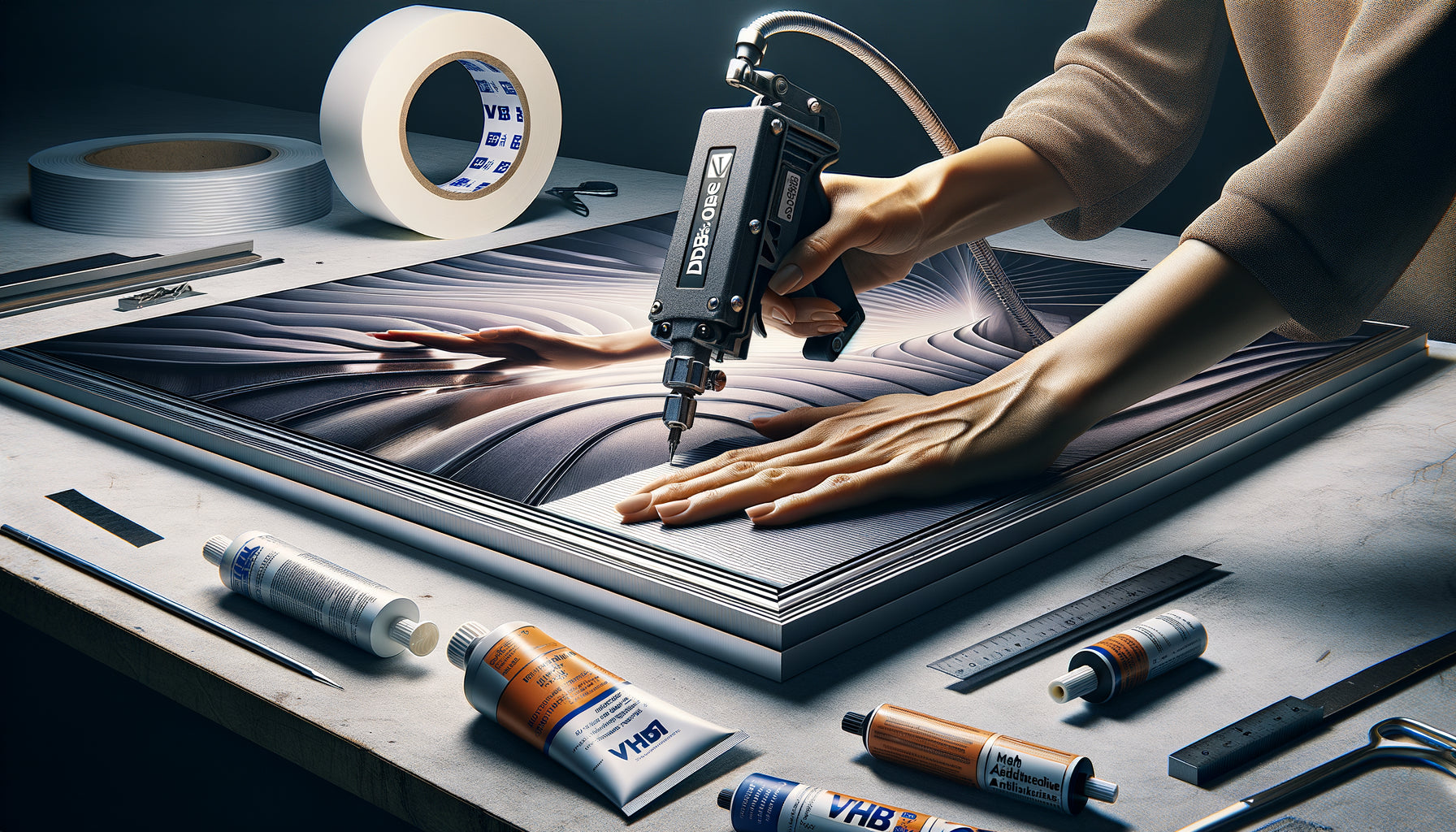 Application professionnelle d'adhésif structurel sur panneau dibond pour contrecollage de tableau, atelier d'encadrement