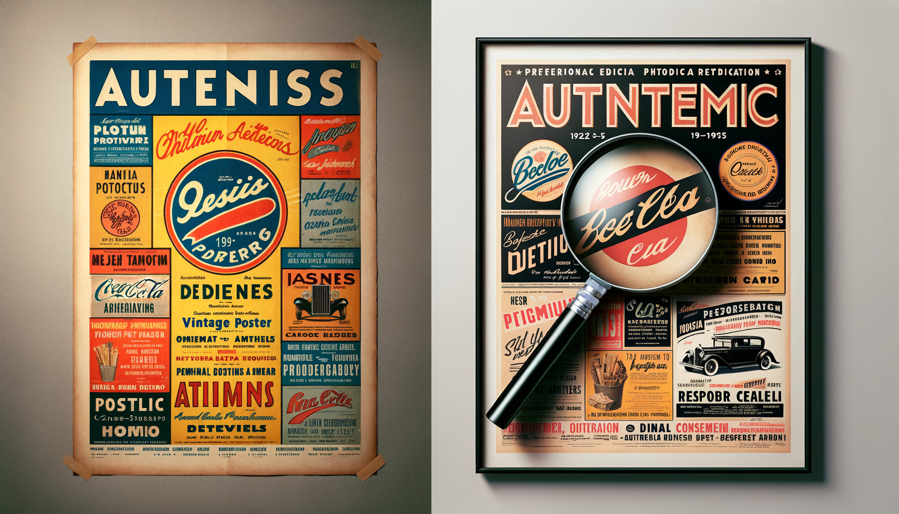 Comparaison visuelle entre affiche publicitaire vintage originale patinée et reproduction sérigraphique moderne parfaite, détails de texture et d'authenticité