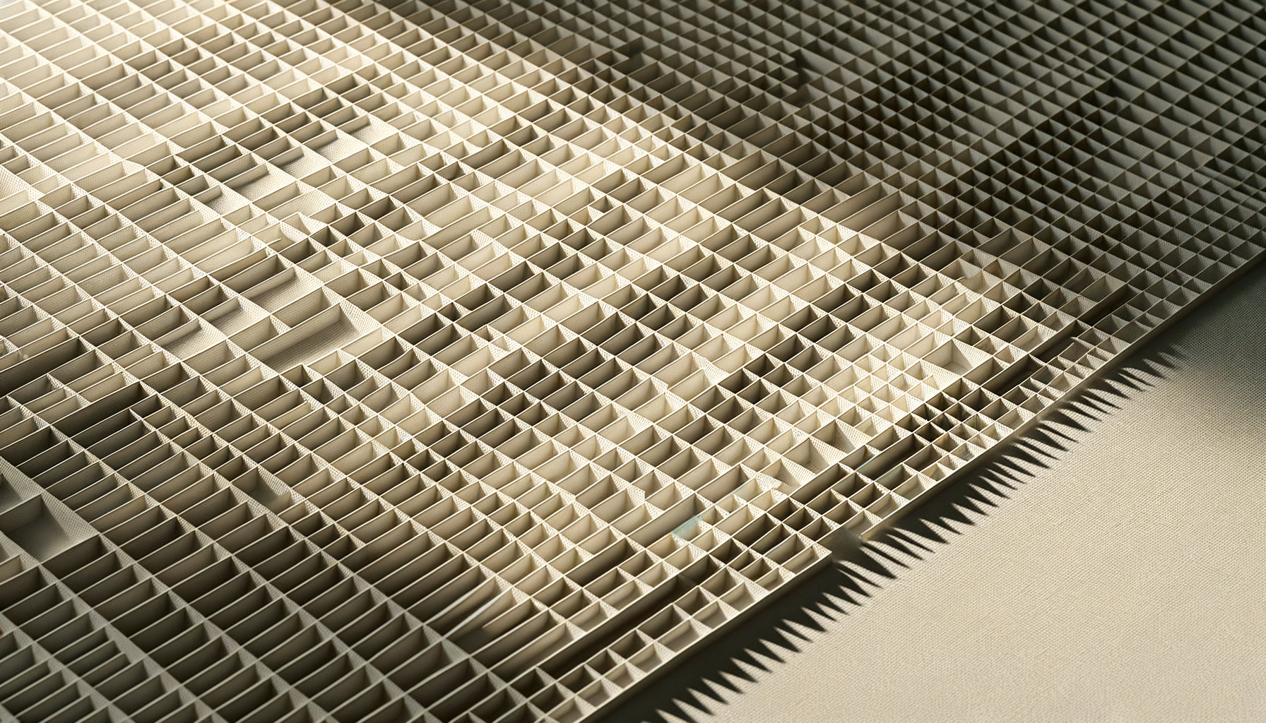 Gros plan d'une grille minimaliste style Agnes Martin, lignes tracées à la main, variations subtiles de blanc sur blanc