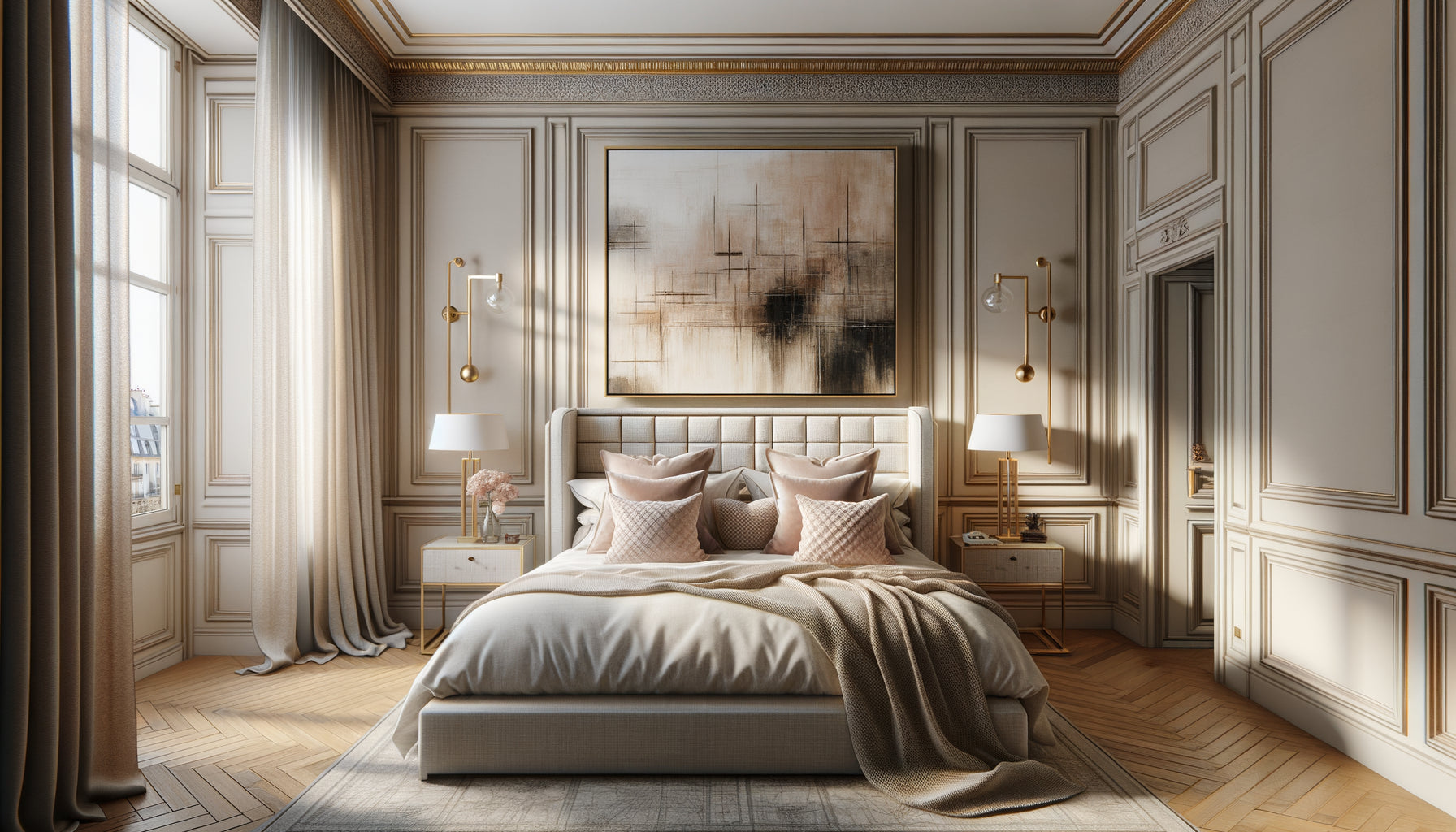 Chambre Airbnb parisienne style hôtel boutique avec tableau abstrait élégant au-dessus du lit et décoration raffinée