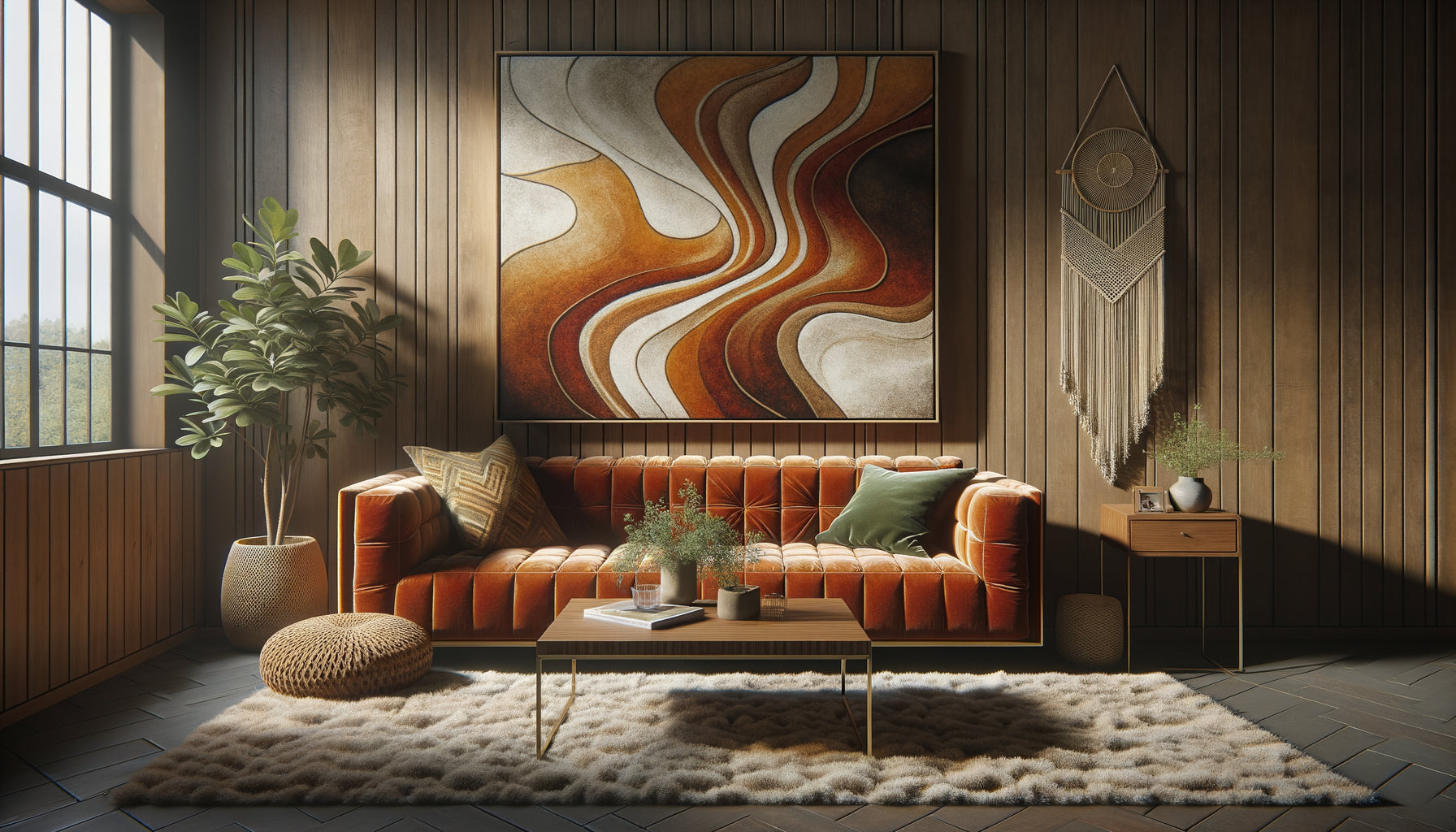 Intérieur Airbnb authentique années 70 avec tableau géométrique aux tons terre, design rétro élégant non-kitsch