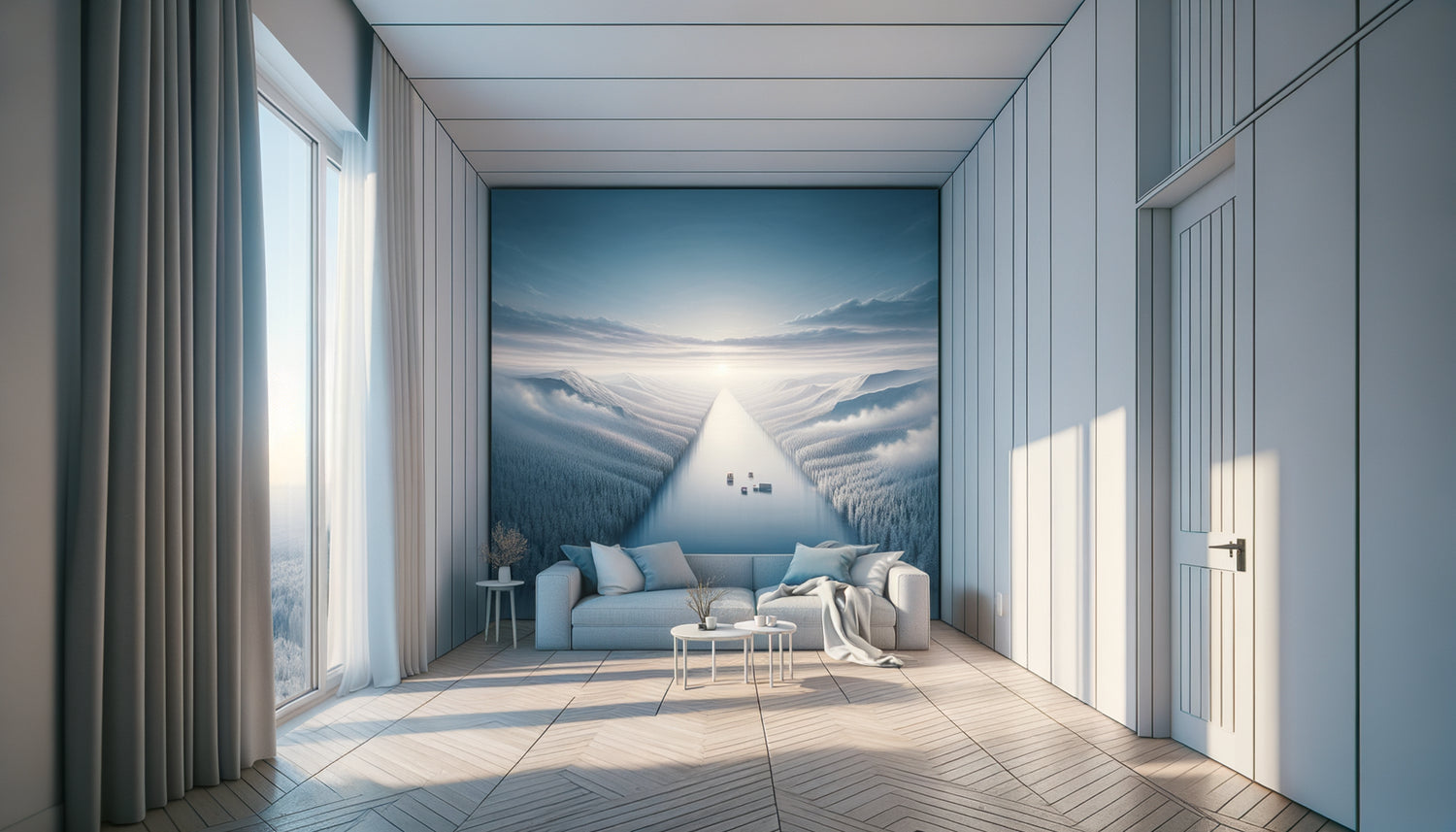 Studio Airbnb compact avec grand tableau panoramique aux tons froids créant une illusion de profondeur et d'agrandissement spatial