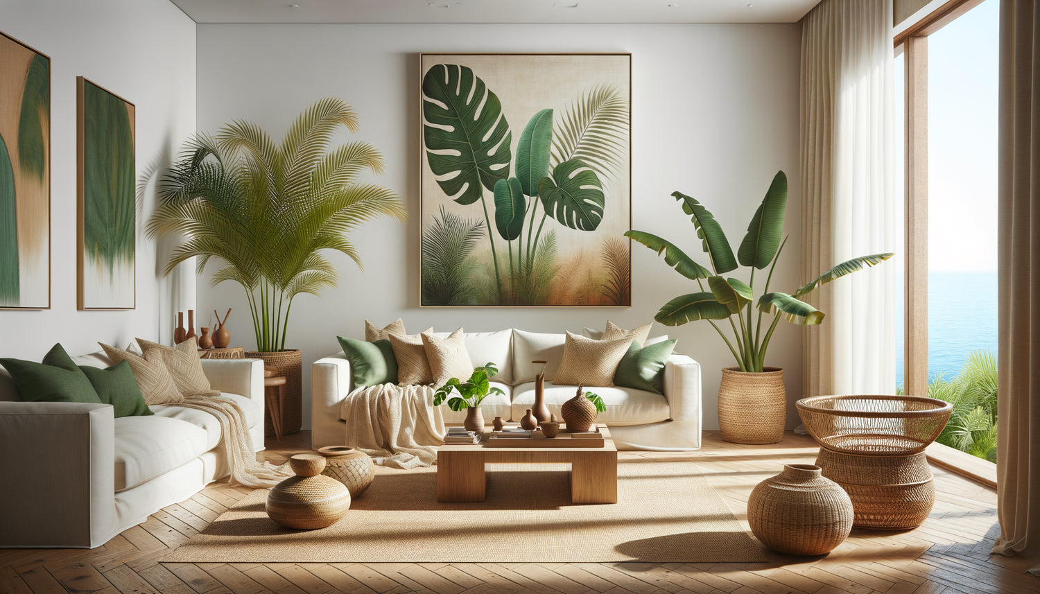 Intérieur contemporain d'Airbnb tropical avec art botanique abstrait moderne et décoration respectueuse sans imagerie coloniale