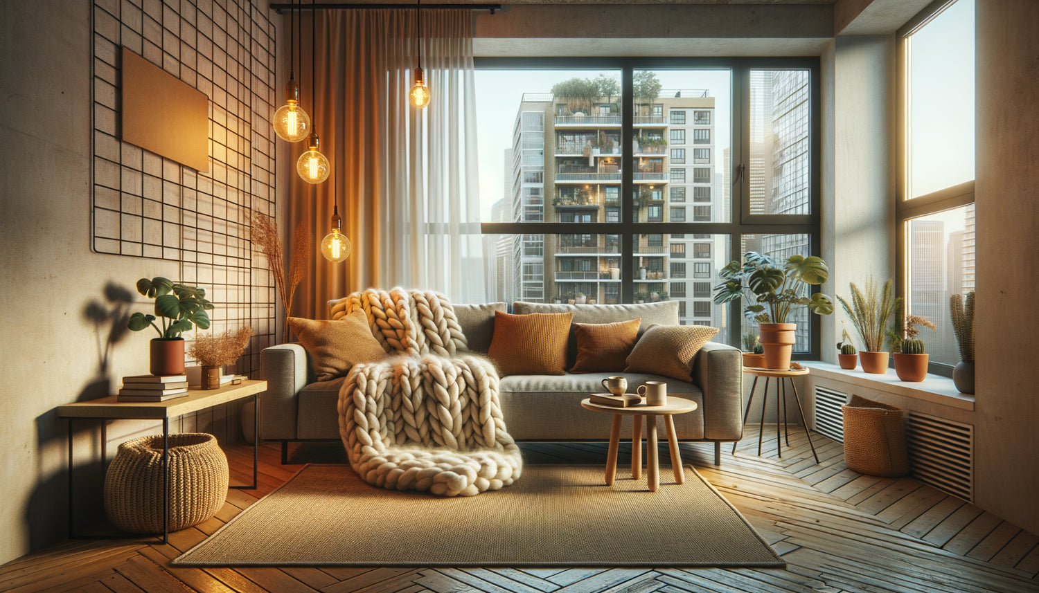 Intérieur cosy d'Airbnb urbain moderne avec plaid en maille, coussins moelleux, éclairage chaleureux et décoration minimaliste accueillante