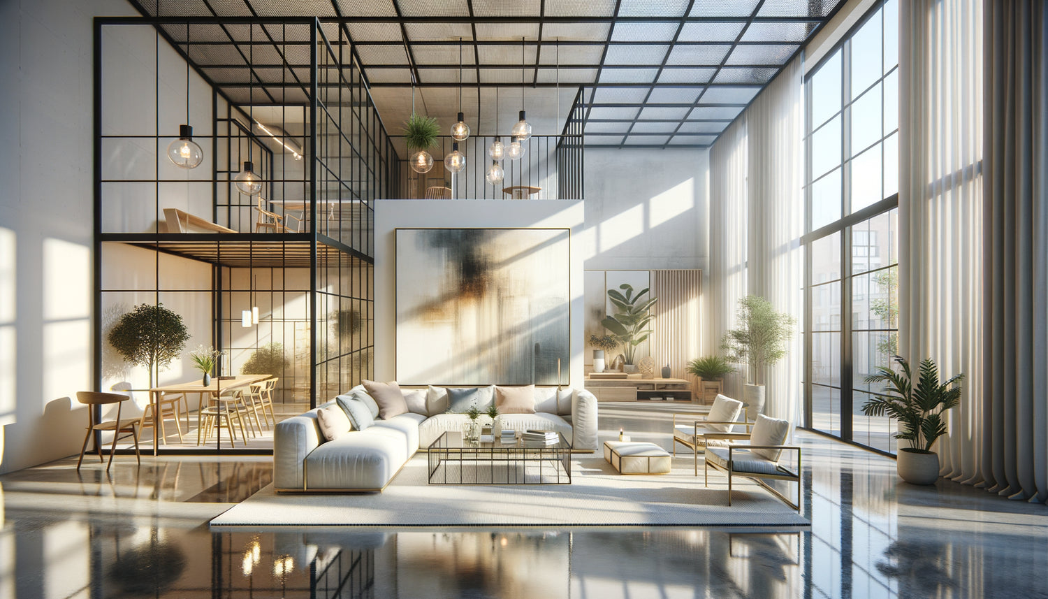 Intérieur Airbnb lumineux avec verrière, espace ouvert et tableau contemporain stratégiquement placé