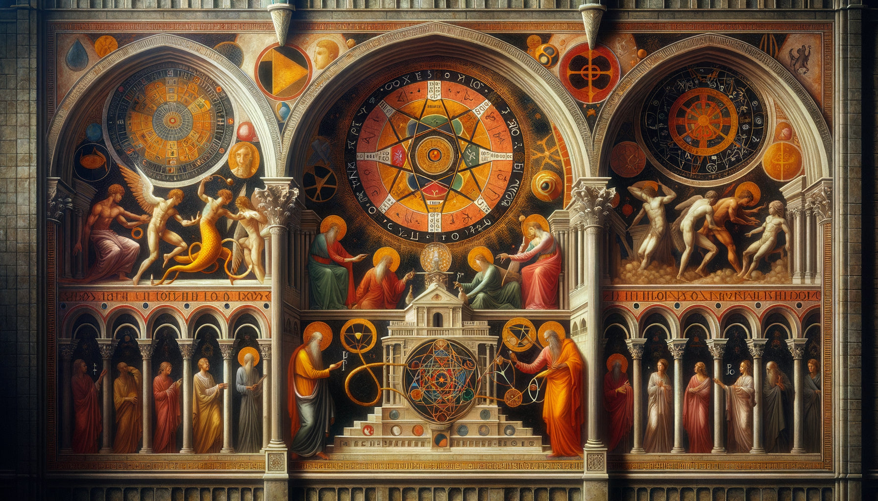 Fresque médiévale du 14e siècle avec scène mythologique contenant symboles alchimiques cachés, couleurs codées et gestes rituels secrets