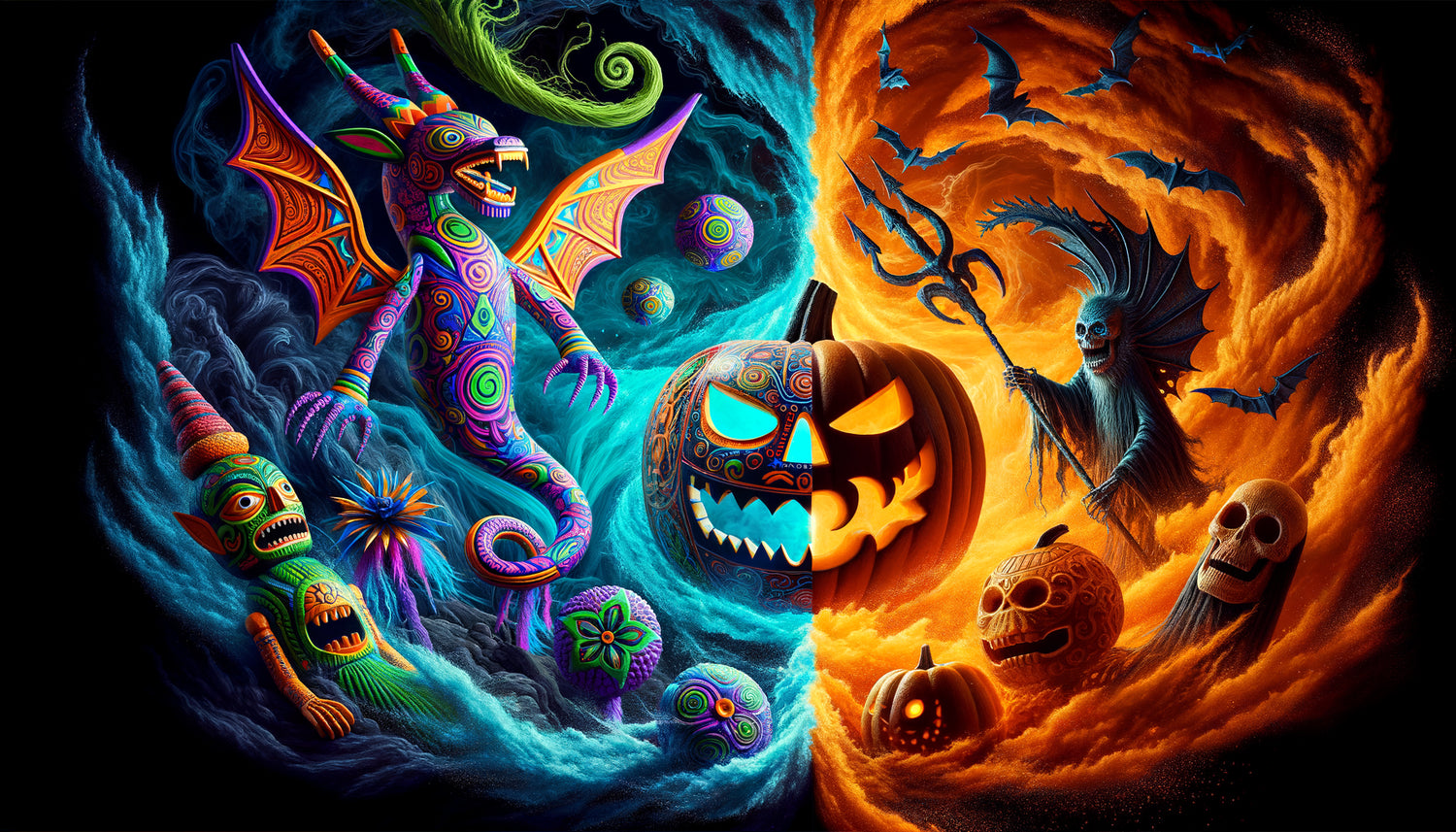 Alebrije mexicain coloré et monstre d'Halloween côte-à-côte illustrant leur fonction cathartique commune de transformation des peurs
