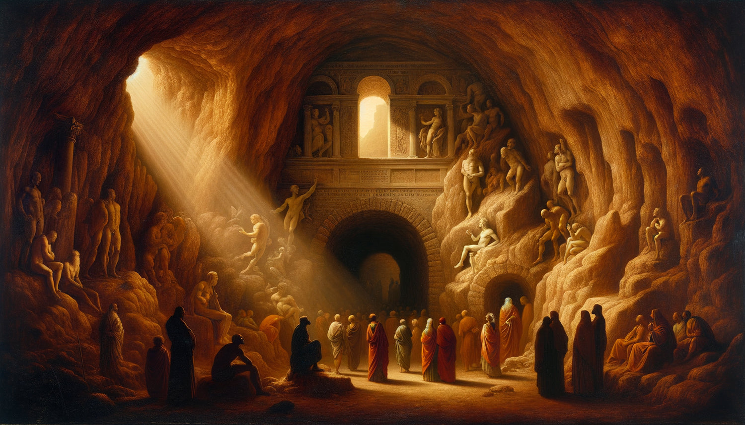 Peinture Renaissance style Léonard de Vinci représentant l'allégorie de la caverne de Platon avec jeu d'ombres et lumière
