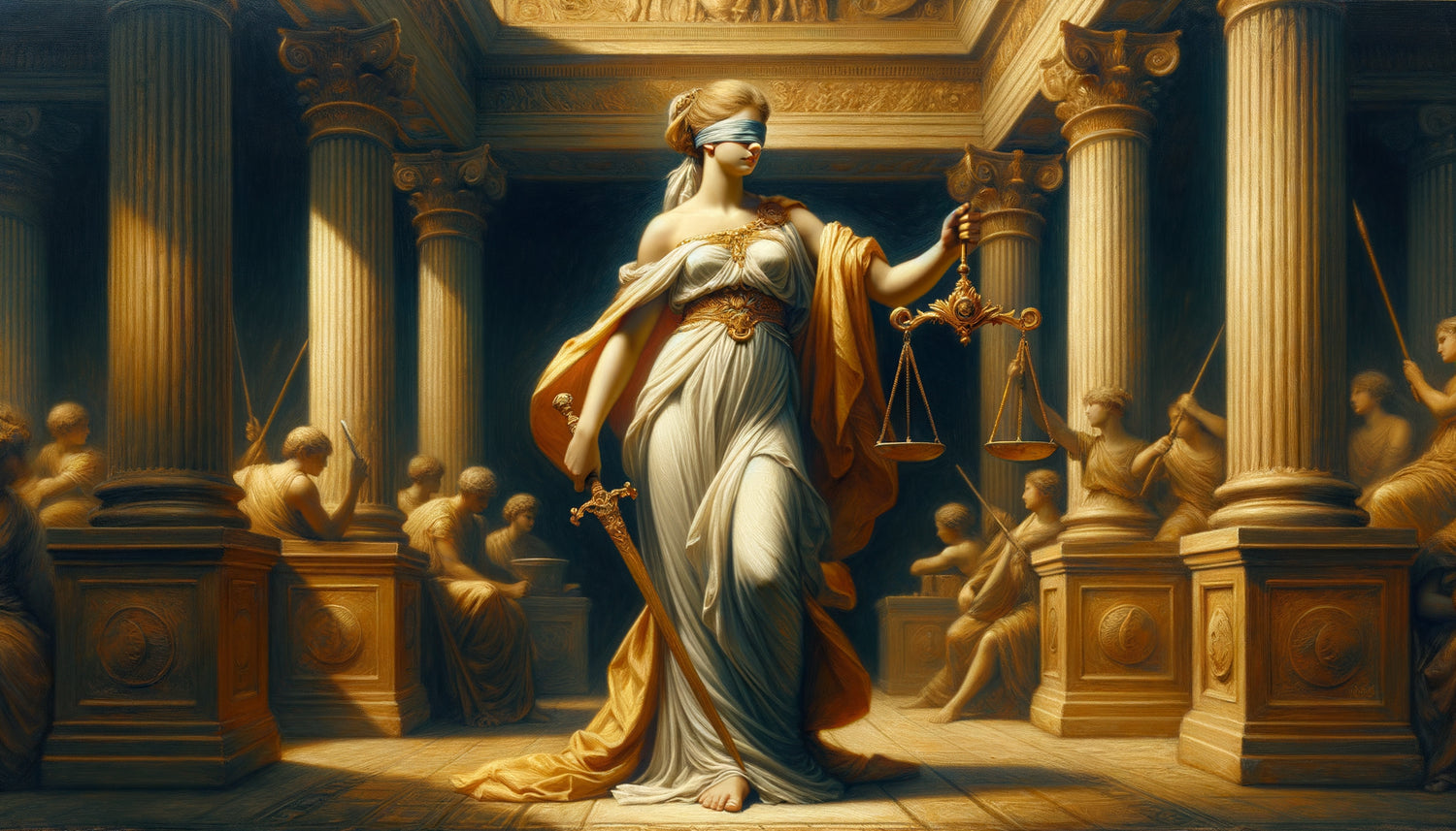 Allégorie néoclassique de la Justice style David, figure féminine en toge avec balance et glaive, temple romain, peinture à l'huile