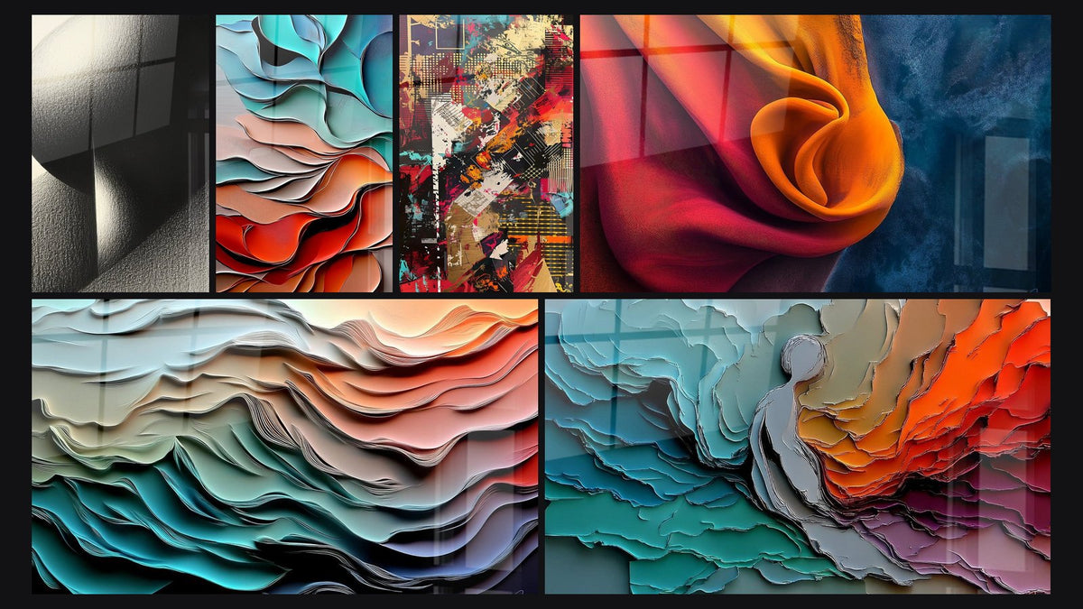 Mosaic of six paintings, including Geometric sphere, Undulating fluid forms and Urban collage