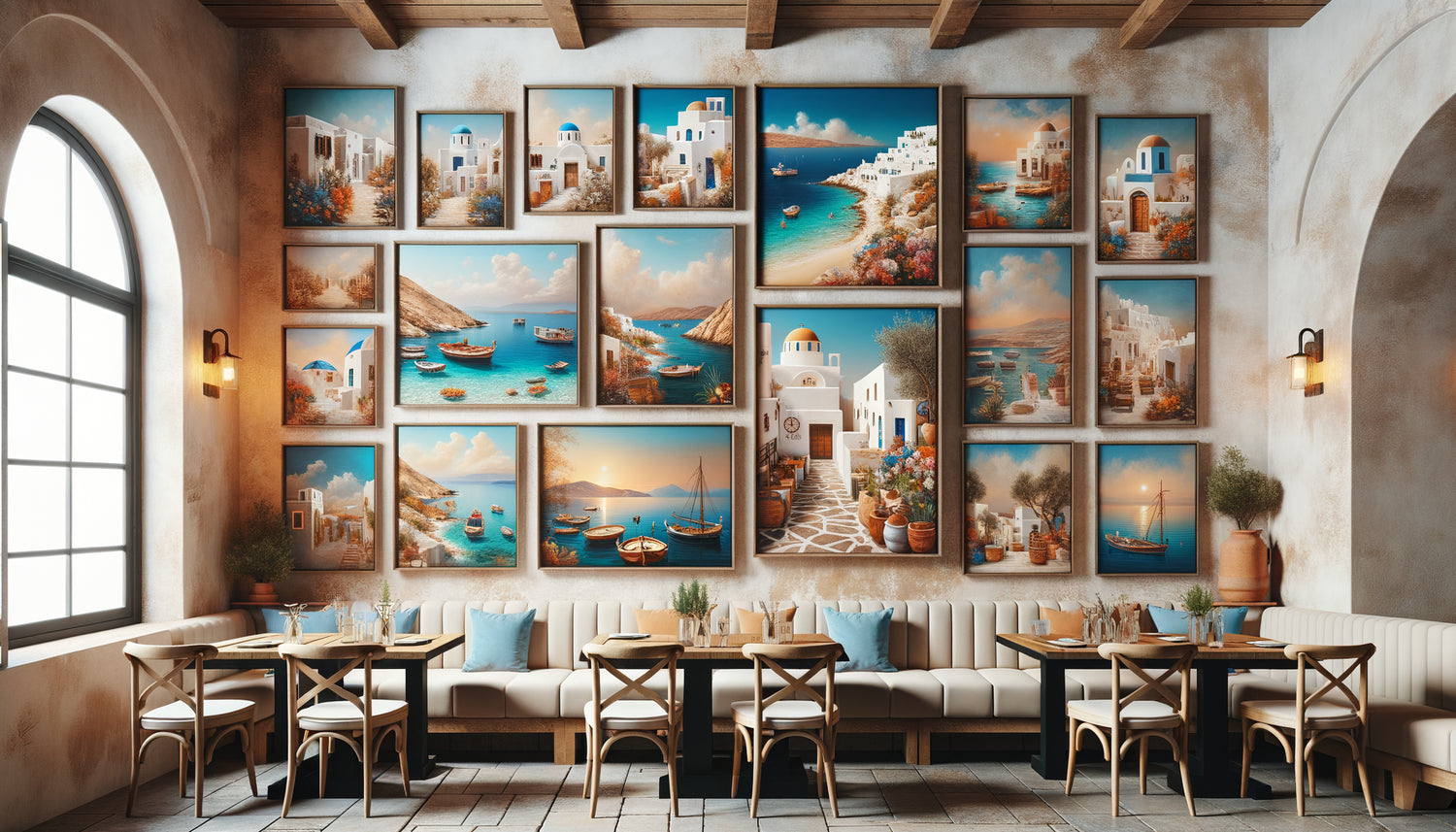 Mur de restaurant décoré de tableaux méditerranéens aux couleurs bleu azur, blanc et ocre, accrochage asymétrique authentique