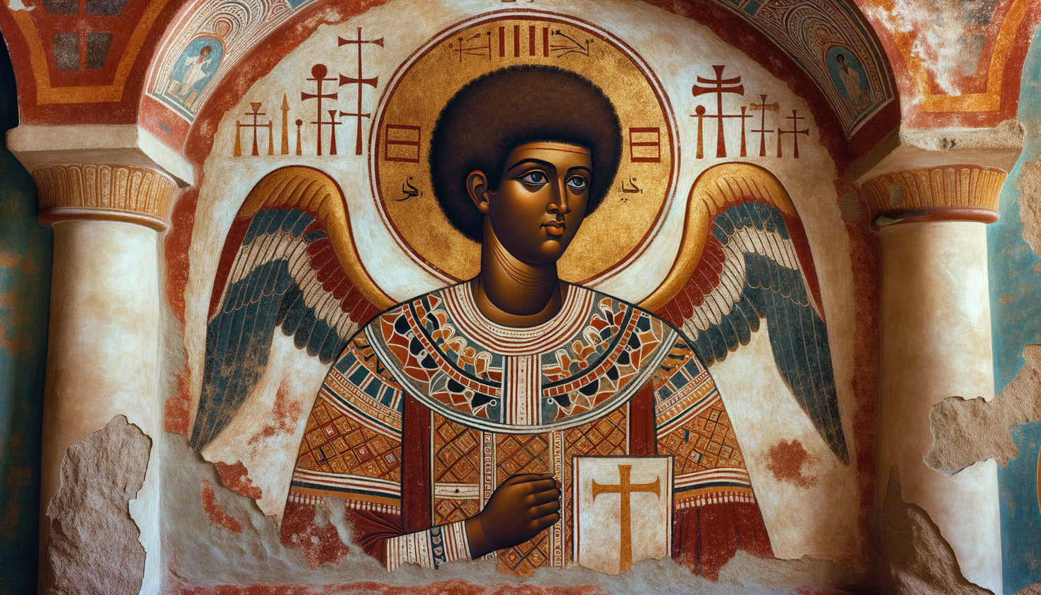 Fresque médiévale nubienne chrétienne représentant un ange aux traits africains, art sacré soudanais VIe-XIVe siècle