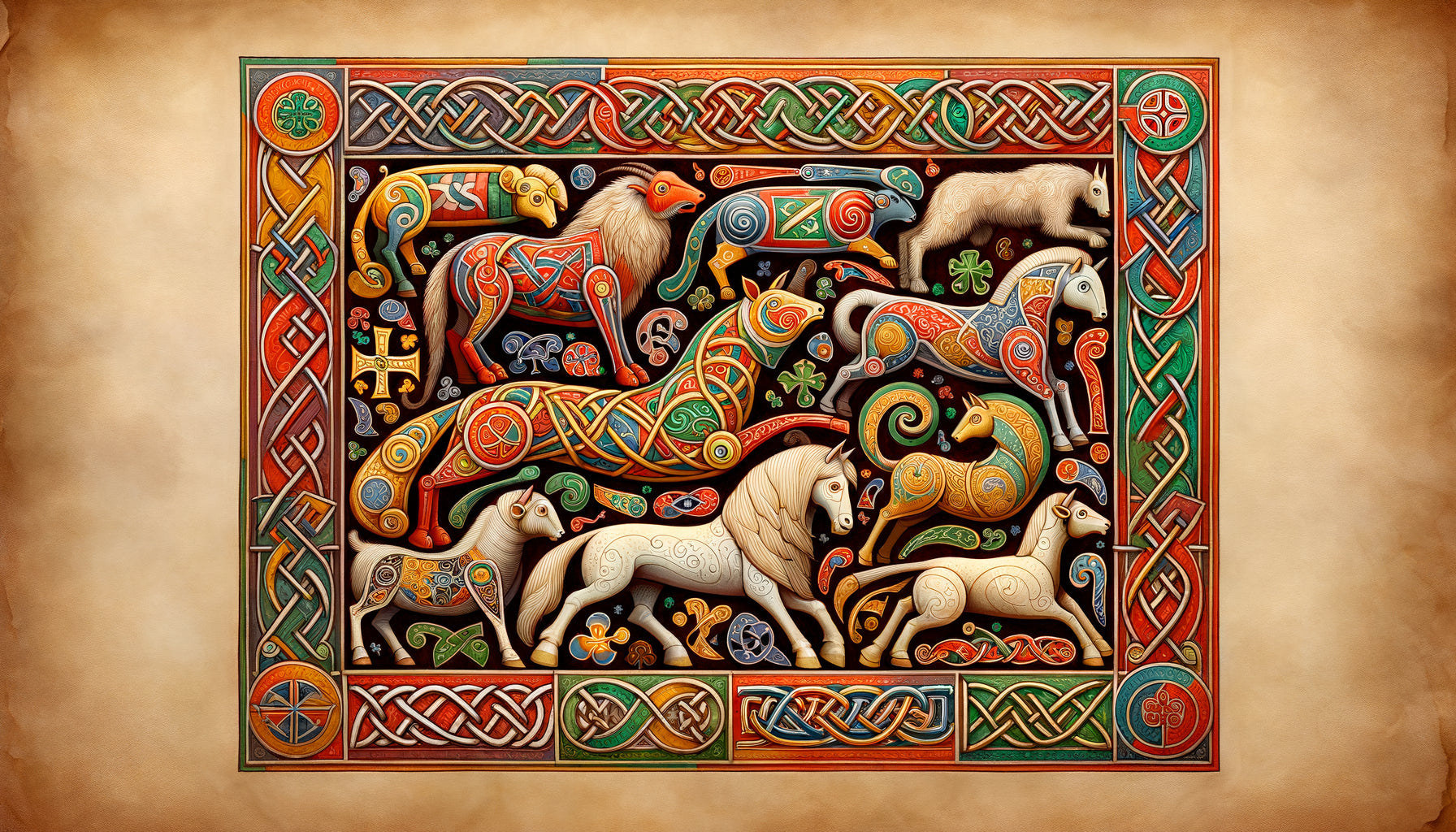 Enluminure de manuscrit insulaire médiéval style Livre de Durrow, animaux chromatiques stylisés, motifs celtiques entrelacés, couleurs vives symboliques