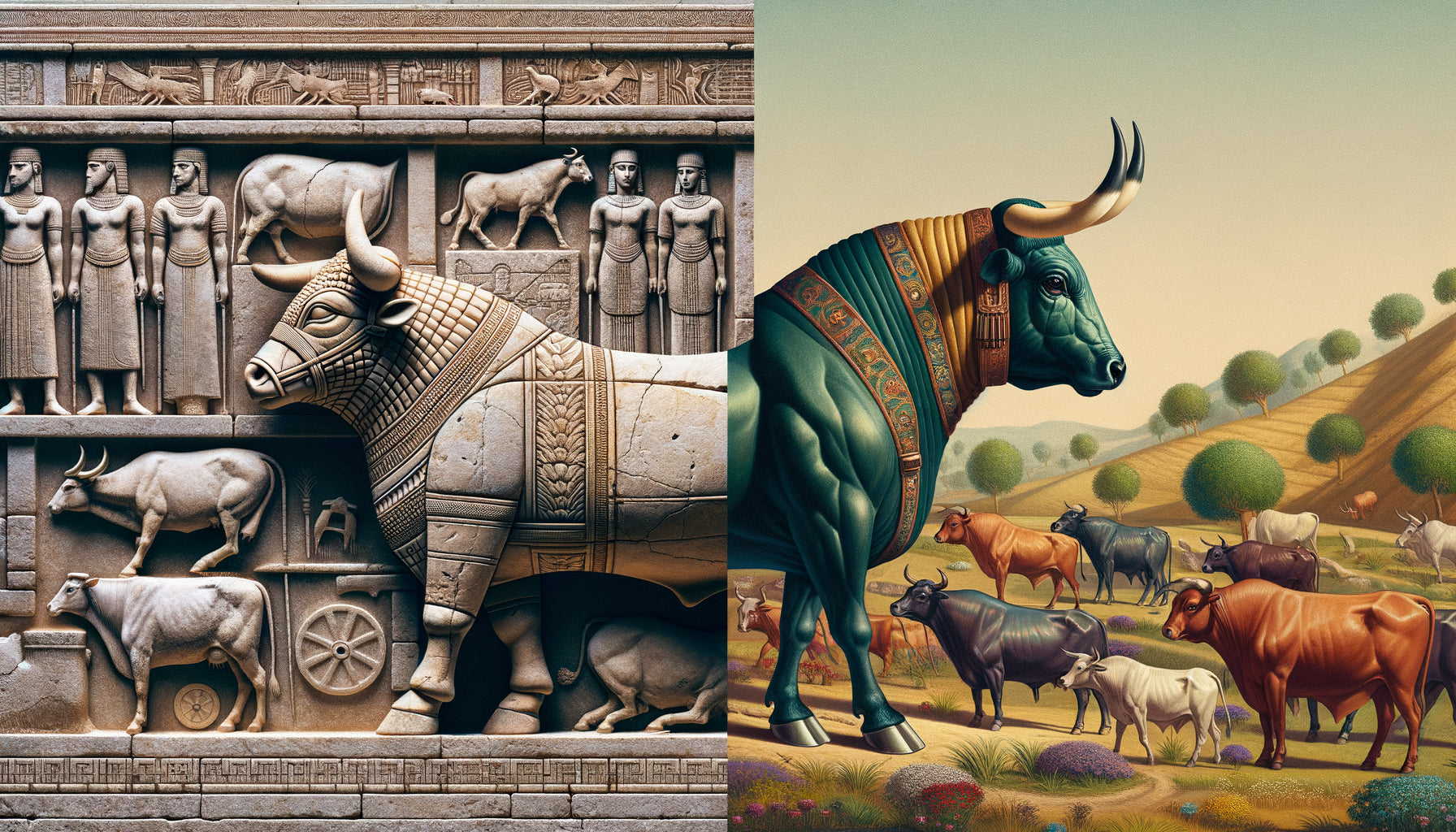 Comparaison relief assyrien profil hiératique versus fresque romaine trois-quarts naturaliste représentant animaux de trait antiques