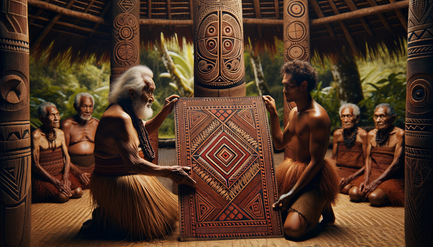 Cérémonie polynésienne traditionnelle d'échange rituel d'une œuvre peinte sur tapa, illustrant l'anthropologie du don