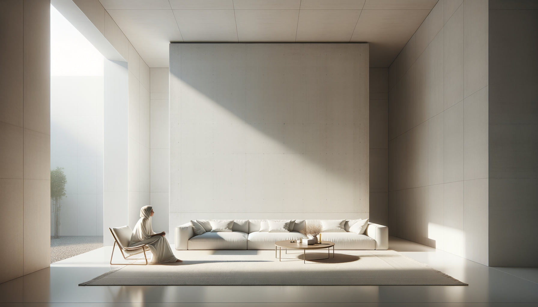 Personne contemplant un grand mur blanc vide dans un intérieur minimaliste contemporain