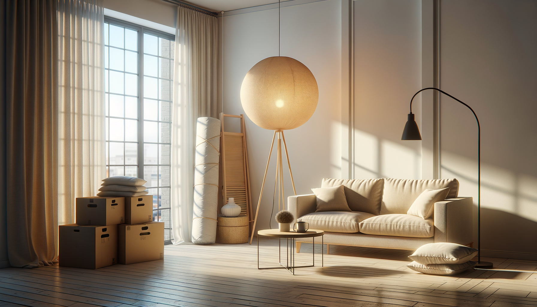 Appartement moderne partiellement meublé avec essentiels minimalistes, canapé simple, table basse, lumière naturelle chaleureuse