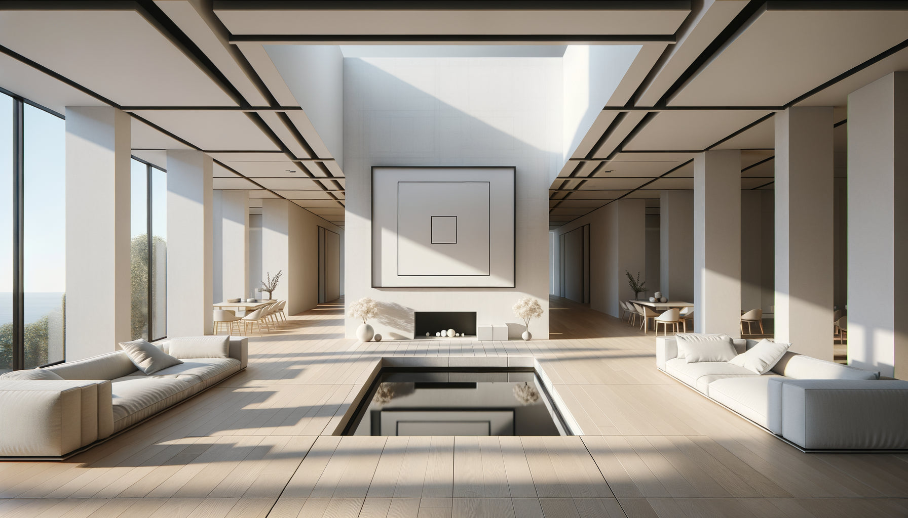 Intérieur d'appartement contemporain minimaliste avec composition parfaitement symétrique et œuvre carrée centrée sur mur blanc géométrique