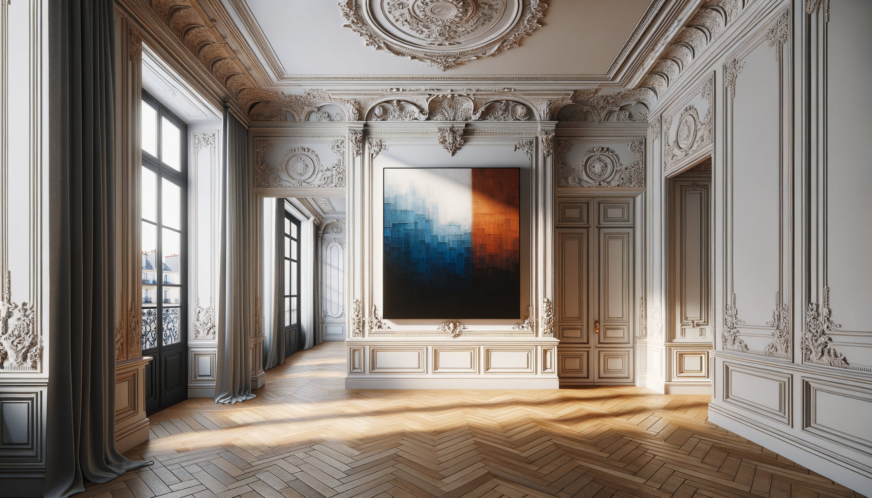 Intérieur appartement haussmannien avec moulures classiques et œuvre d'art contemporain créant un contraste harmonieux élégant