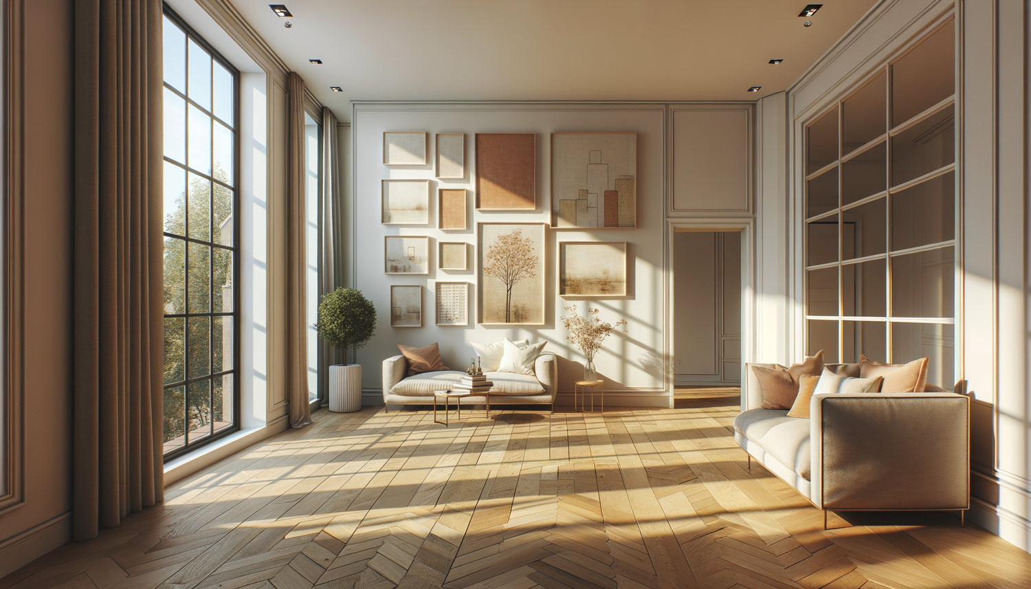 Appartement vide chaleureux avec tableaux aux tons chauds accrochés sur murs blancs créant ambiance cosy