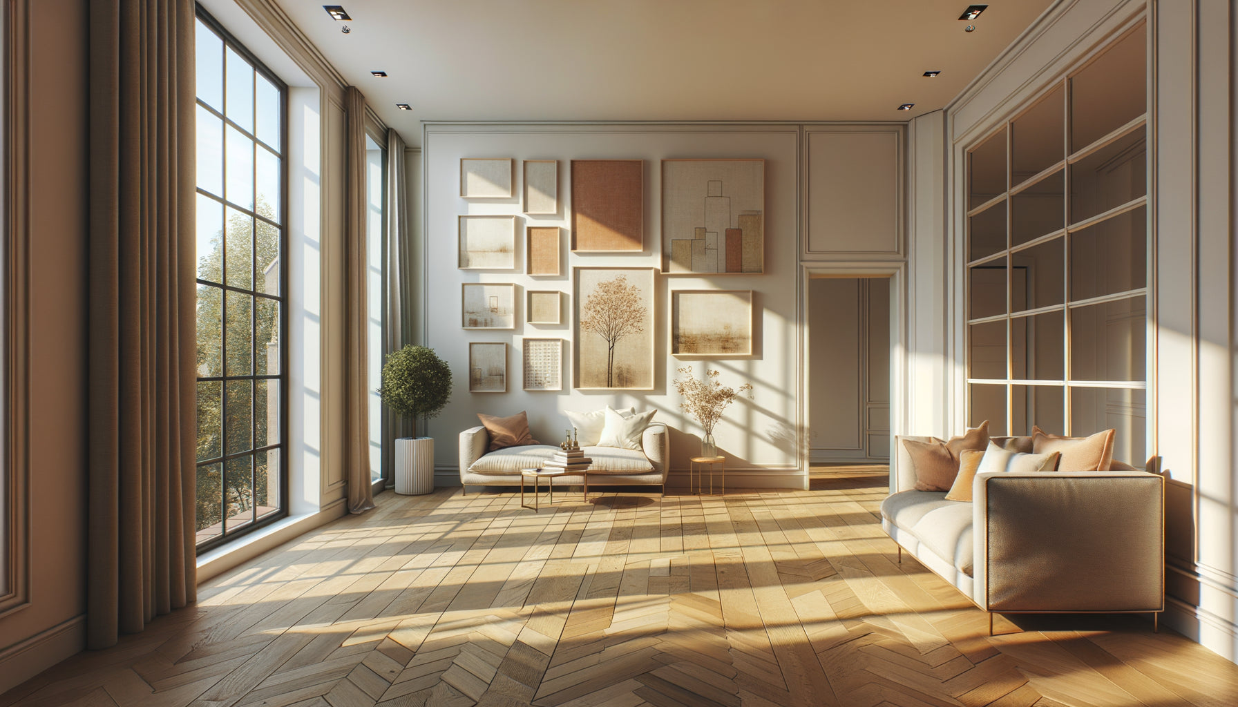 Appartement vide chaleureux avec tableaux aux tons chauds accrochés sur murs blancs créant ambiance cosy