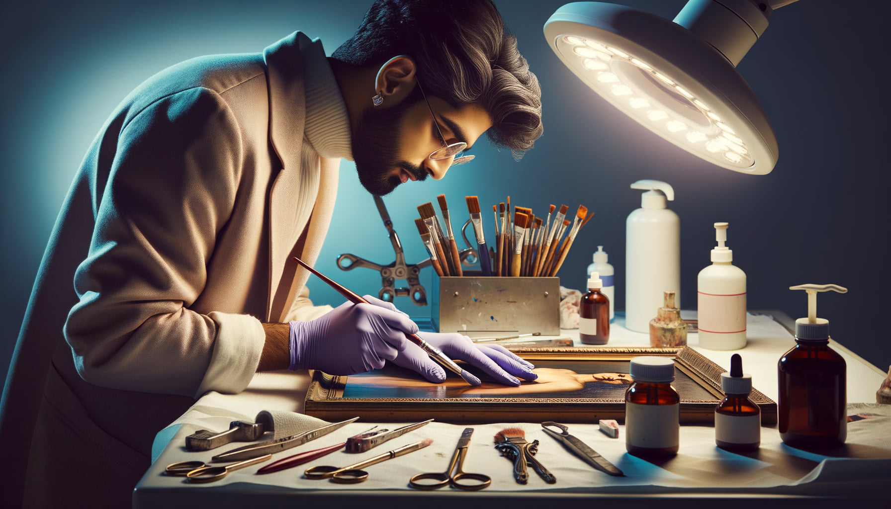 Restaurateur appliquant un vernis protecteur anti-UV sur une toile dans un atelier de conservation professionnel