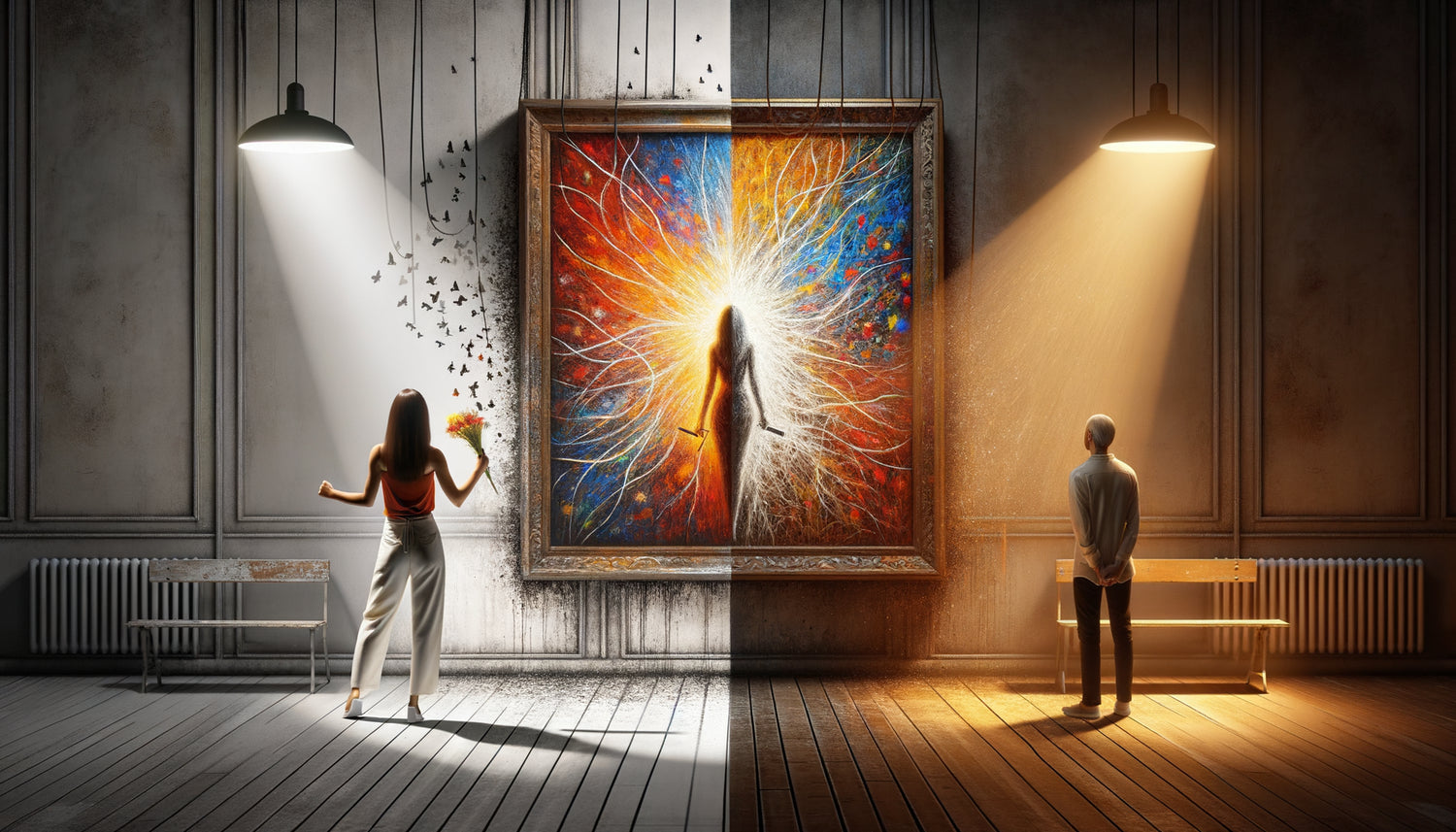 Composition symbolisant l'évolution de l'appréciation d'un tableau entre enthousiasme initial et lassitude potentielle avec le temps