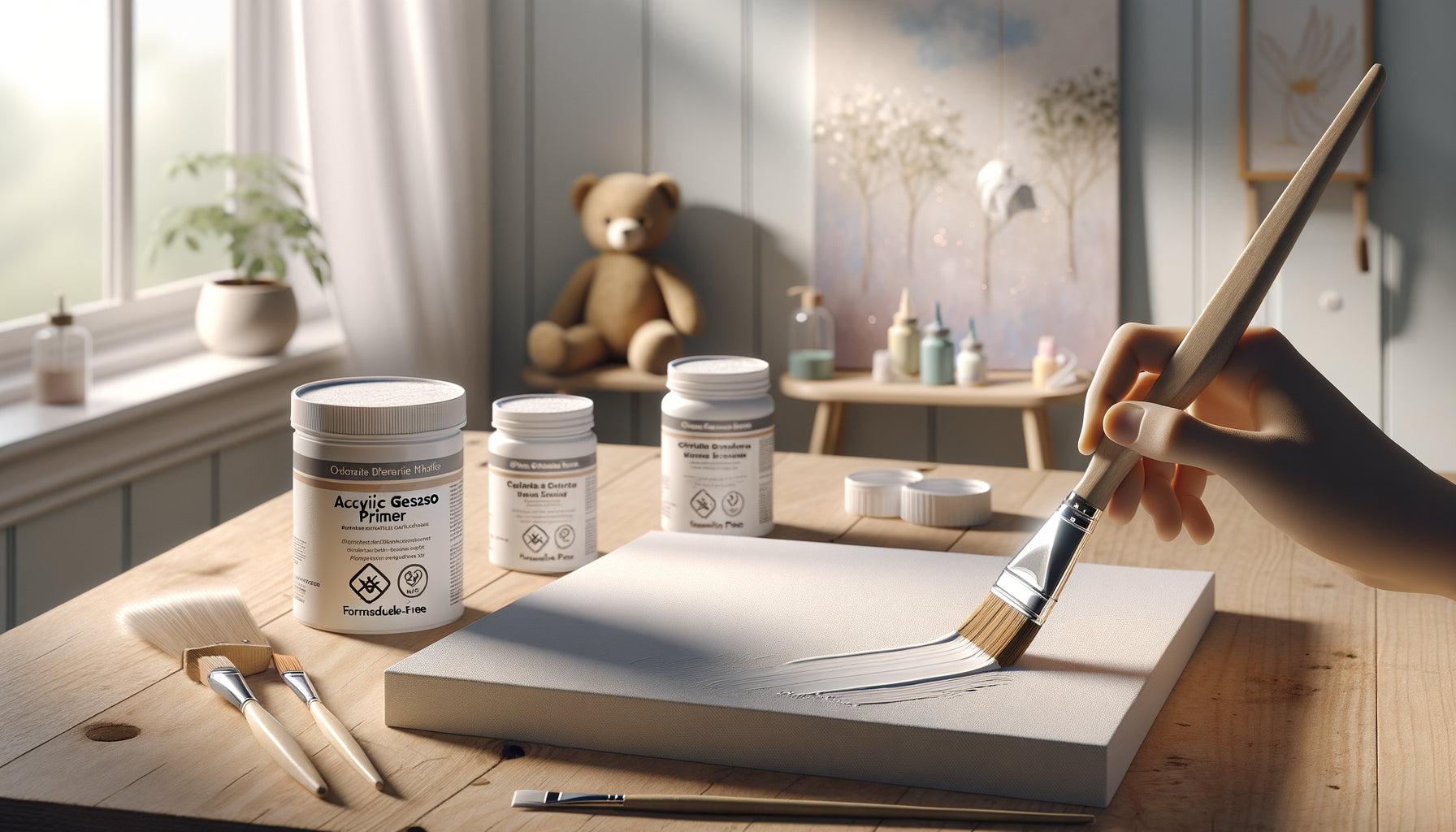 Application d'apprêt acrylique sans formaldéhyde sur toile pour décoration de chambre de bébé, ambiance saine et sécurisée