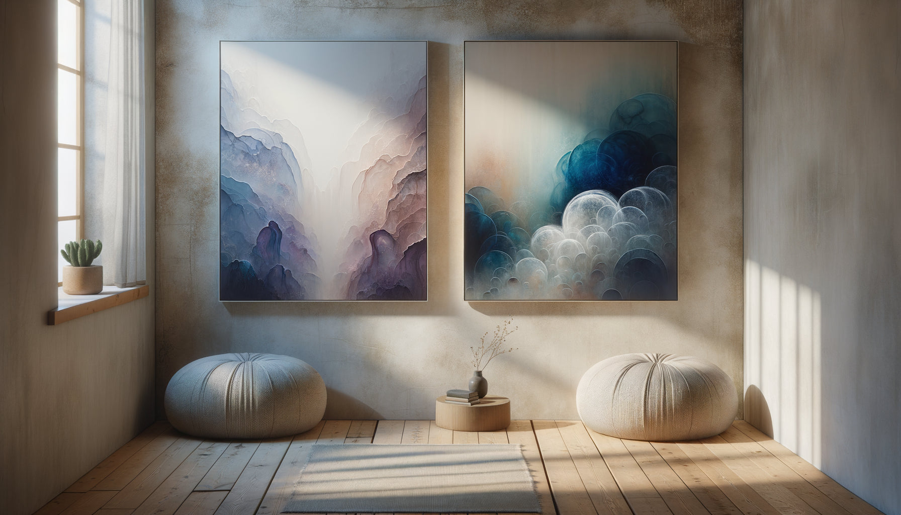 Comparaison aquarelle transparente et acrylique opaque dans salle de méditation apaisante