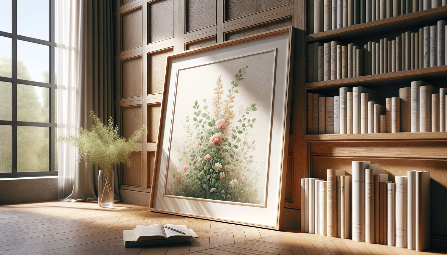 Aquarelle encadrée avec verre anti-UV installée près d'une fenêtre derrière une bibliothèque en bois