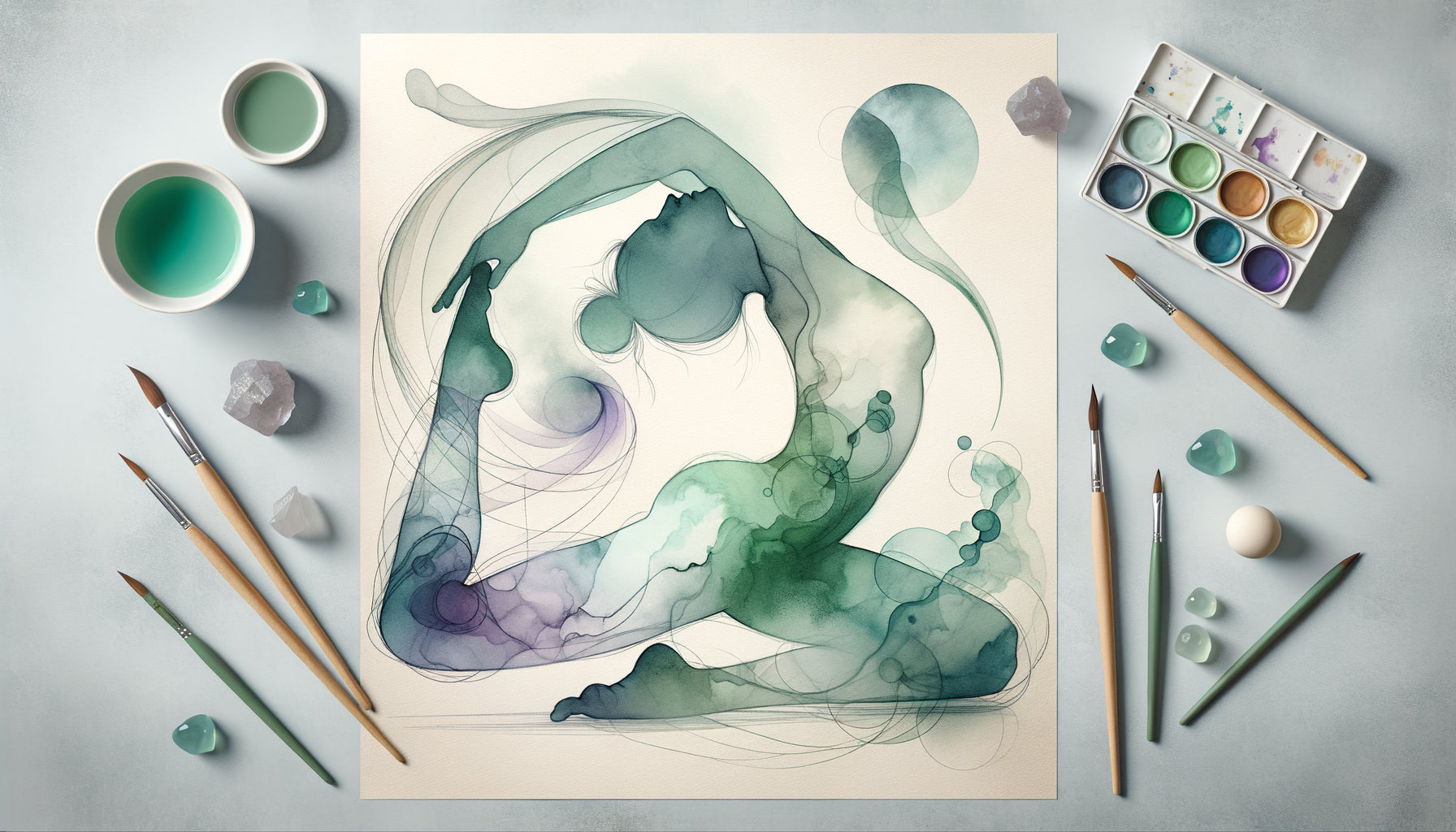 Peinture aquarelle contemporaine représentant la fluidité du yoga Vinyasa avec dégradés organiques et contours dissous