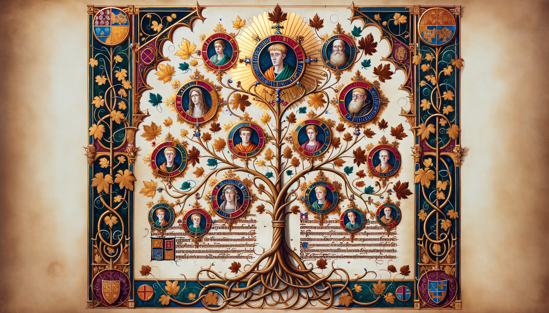 Manuscrit médiéval enluminé représentant un arbre généalogique orné avec médaillons ancestraux et feuille d'or, style gothique 14ème siècle