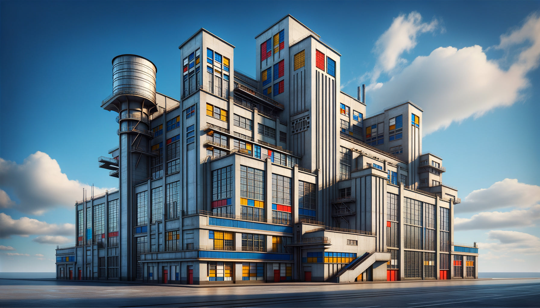 Architecture constructiviste soviétique des années 1920 avec géométrie pure, couleurs primaires et structures industrielles exposées