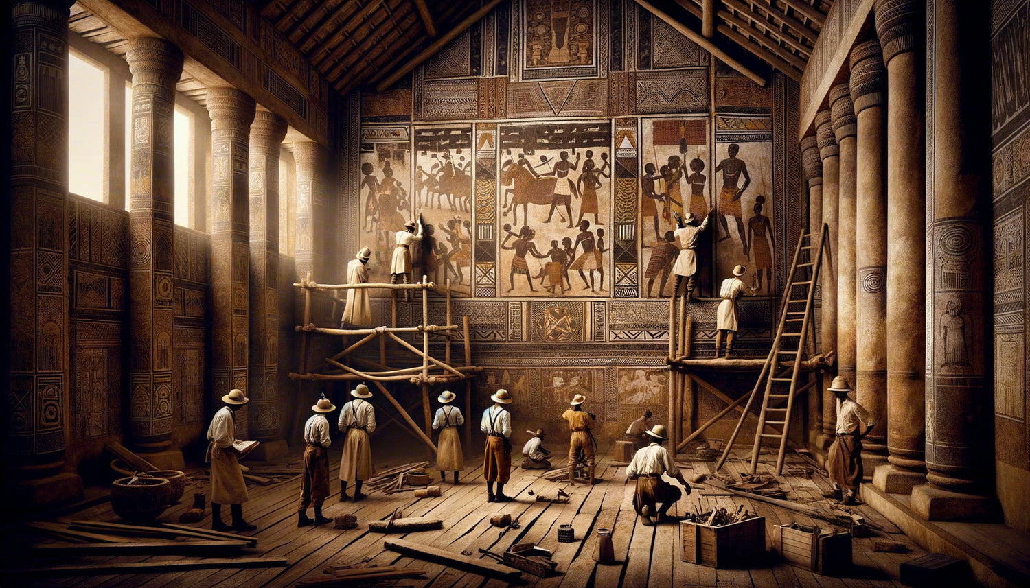 Scène coloniale années 1890 montrant l'arrachement d'une fresque murale africaine traditionnelle d'un palais par des Européens