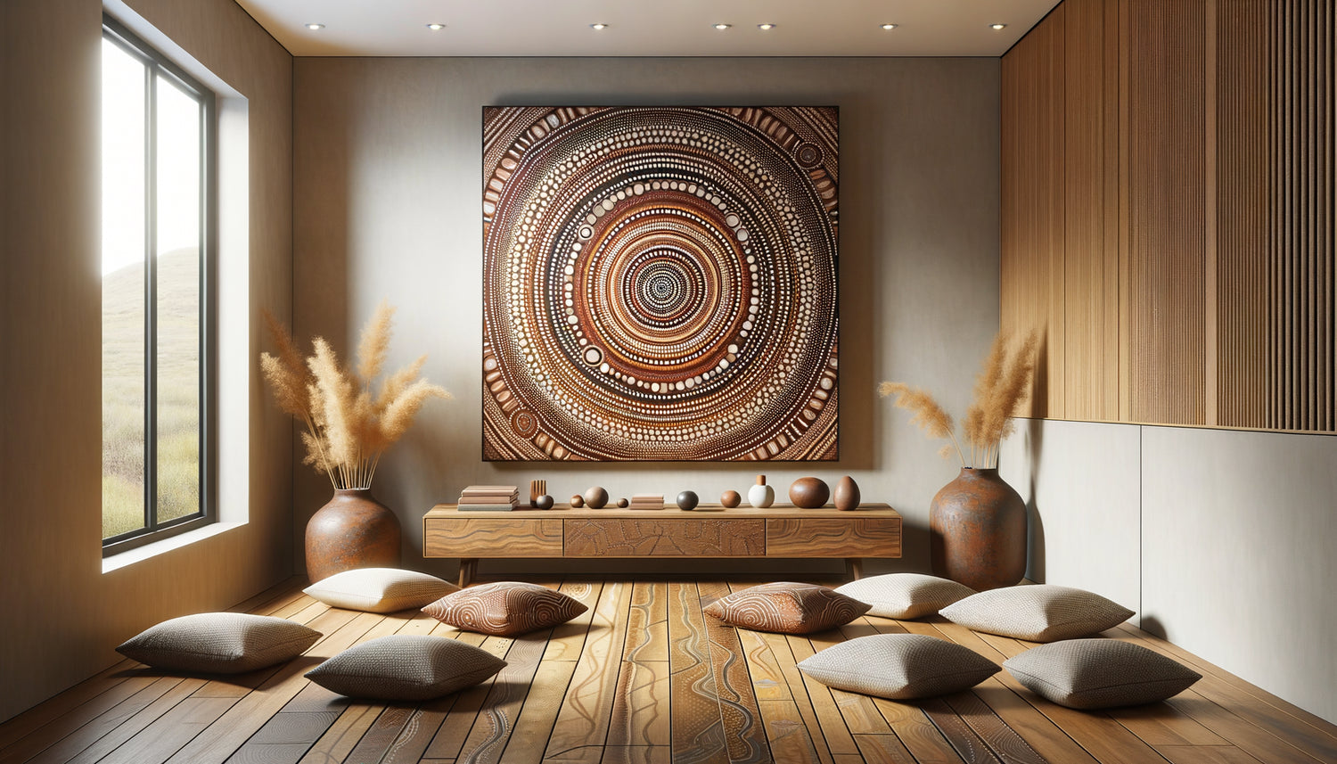 Peinture aborigène contemporaine australienne aux motifs pointillistes hypnotiques et couleurs terreuses dans un espace de méditation thérapeutique