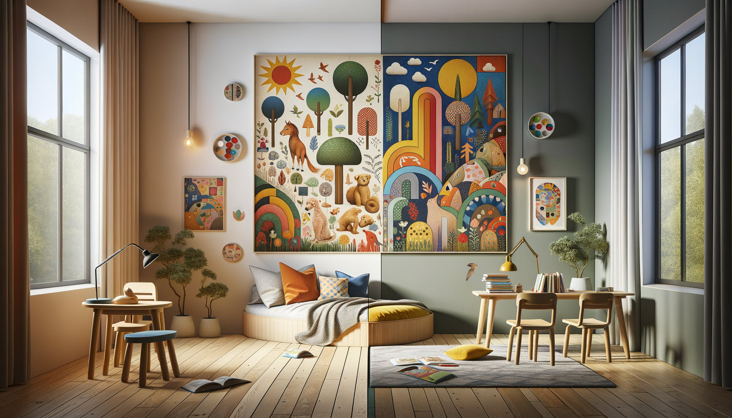 Chambre d'enfant montrant art figuratif et abstrait côte à côte, environnement visuel équilibré pour 6-10 ans