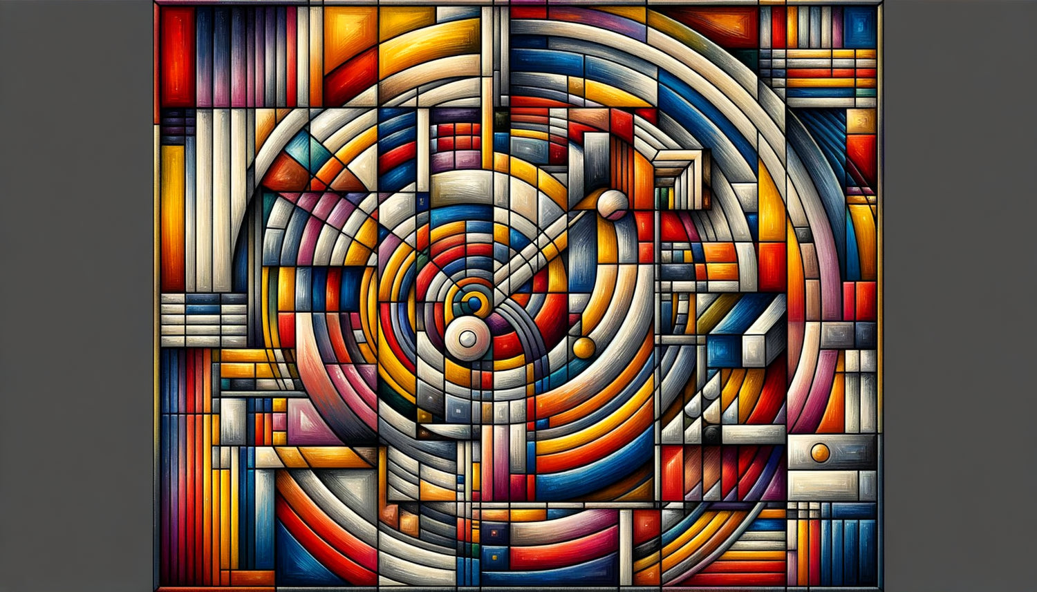 Peinture abstraite géométrique début XXe siècle fusionnant géométries non-euclidiennes et art abstrait style Kandinsky-Mondrian