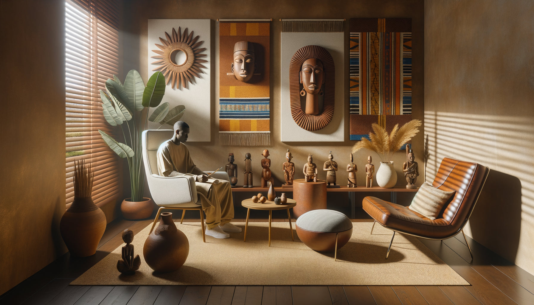 Salle de soins interculturelle intégrant art africain traditionnel authentique - masques, sculptures et textiles - dans environnement thérapeutique apaisant